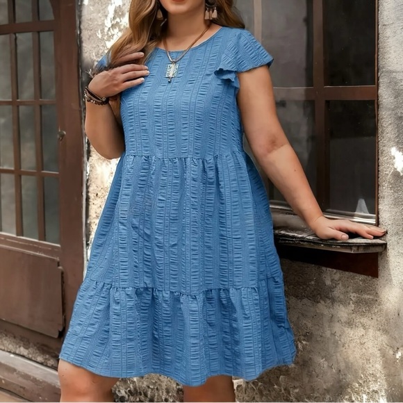NEW Sky Blue Textured Tiered Tunic Mini Dress - 2X - Picture 2 of 7